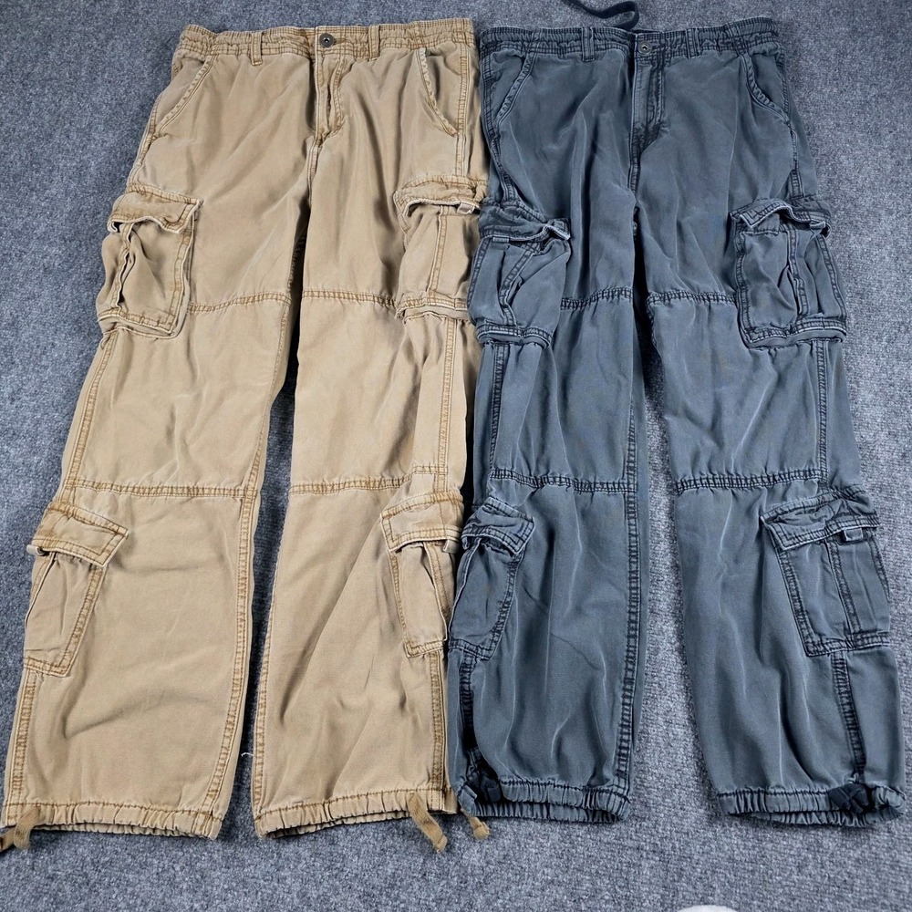 (x2) Y2K Aeropostale Baggy Cargo‎ Pants Mens S Gray Tan Tactical Utility Joggers